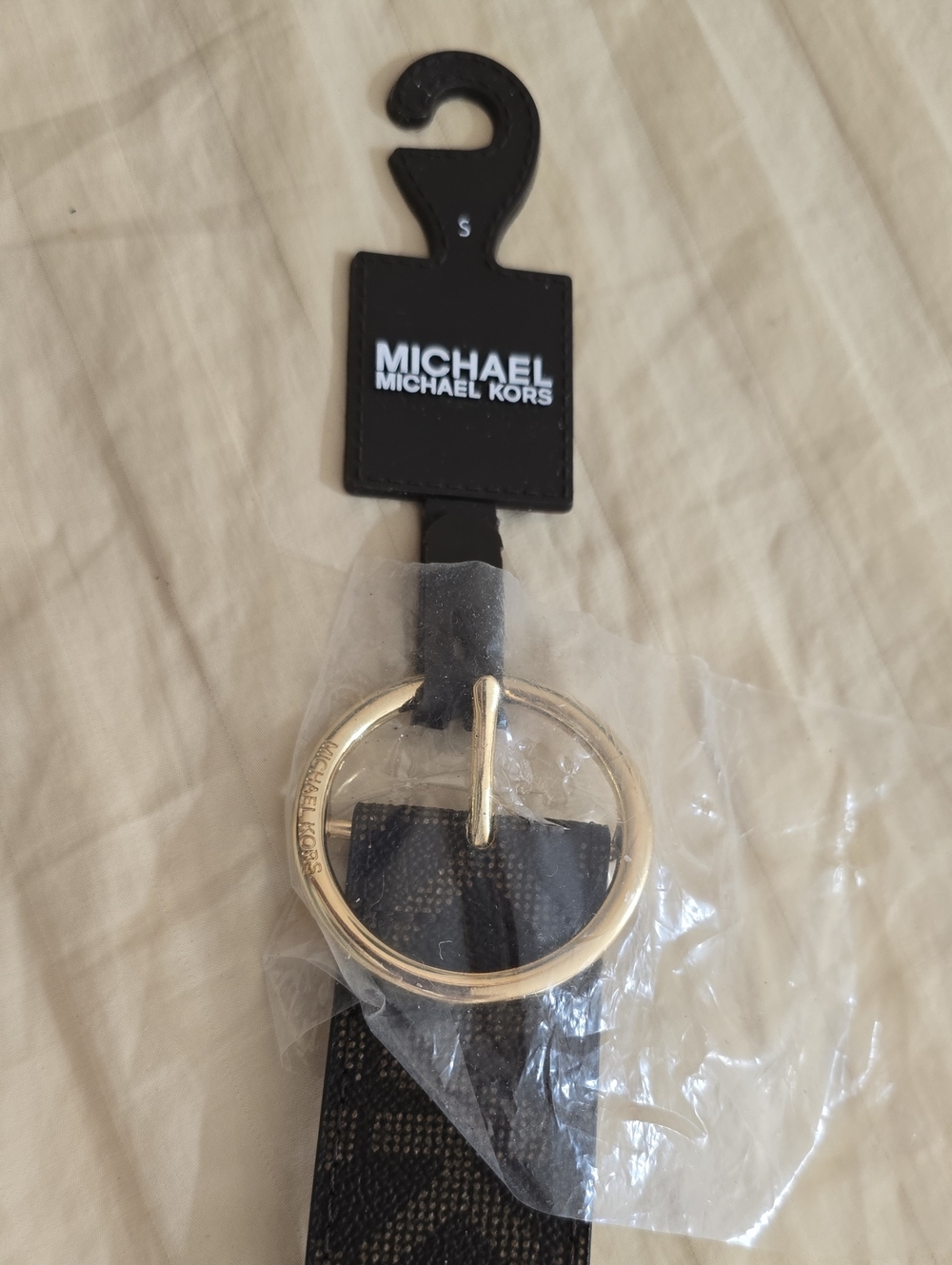 Michael Kors Brown Logo Belt with Gold Ring Buckle